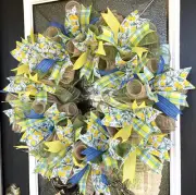 Sunny Lemons Plaid & Blue Spring Summer Deco Mesh Wreath Farmhouse Cottage Decor