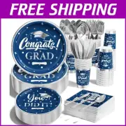 Complete 350 PCS Graduation Party Tableware Set - Elegant Blue & Silver Theme