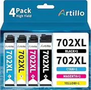 Artillo 702XL Ink Remanufactured Replacement for Epson 702XL Ink Cartridges 702 XL T702 T702XL to use with Workforce Pro WF-3720 WF-3725 WF-3730 Printer (Black, Yellow, Cyan, Magenta, 4 Pack)