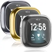 [3 Pack] Screen Protector Compatible with Fitbit Versa 3 Case and Fitbit Sense Case, TPU Plated Full Around Protective Case Cover for Fitbit Versa 3 / Fitbit Sense Smartwatch (Gold+Space Gray+Clear)