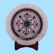 11” Handmade White Marble Inlay Wall Plate – Lapis Lazuli, Carnelian, Paua Shell