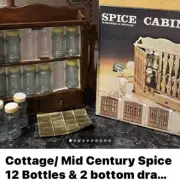 Vtge Rexwood Wood SpiceRack Shelf W/12 Glass Bottles &(2)Drawer Wall Wback hooks