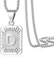 Apzzic Stainless Steel Initial Letter Pendant Necklace A-Z Capital Letter Box Chain Monogram Necklace for Men Women 18inch Silver D