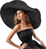 Morakot Oversized Beach Straw Hat for Women Fashion Large Wide Brim Visor Hats Summer Roll Up Floppy Sun Hat for Beach Cap Foldable Black One Size