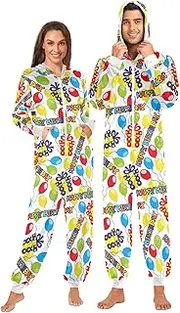 [ZZXXB] Happy Birthday Colorful Balloon Onesie Pajamas for Adult Women Men Long Sleeves One Piece Onesies Hooded Sleepwear S - XL