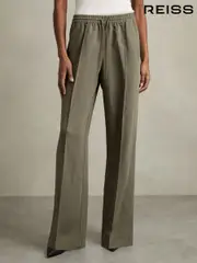 Reiss Khaki Sunnie Petite Wide-Leg Drawstring Trousers (AD9419) | $310
