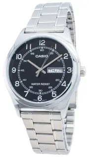 Casio MTP-V006D-1B2 Stainless Steel Black Dial Day/Date Quartz 30M Mens Watch