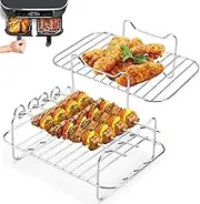 LURNODY Pack of 2 Stainless Steel Hot Air Fryer Grill Grate with Air Fryer Rack, Compatible with Most Hot Air Fryers Dual Foodi AF300EU AF400EU, Comes with 4 Skewers and 1 Oil Brush
