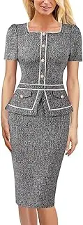 [VFSHOW] Womens Square Neck Buttons Peplum Cocktail Party Work Business Bodycon Pencil Dress