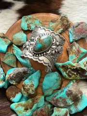 Lorenzo James Hefty Sterling Silver and Kingman Turquoise Hand Stamped Cuff Bra