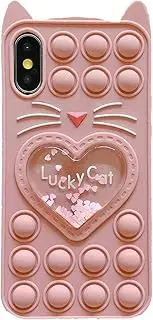 Asgens Pop Case for iPhone X/XS, Cartoon Lucky Pink Cat Quicksand Bling Stars Push Bubbles Shockproof Silicone Soft Phone Case for Apple iPhone X/XS 5.8 inch