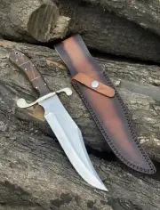 Handmade D2 Steel Classic Bowie Knife With Leather Sheath - Rose Wood Handle
