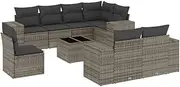 vidaxl 9-Piece Garden Sofa Set with Storage - Grey Poly Rattan Modular Outdoor Patio Furniture Set Including Glass Table top and Removable Cushions