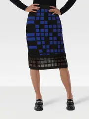 Navy Check Knit Midi Skirt