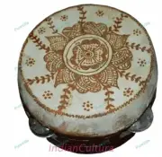 Khanjeera Hand Drum Percussion Dhapli Heena Work Goat Skin Cover Wooden Carnatic