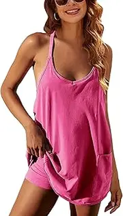 [Lianlive] Women Athletic Mini Dresses Built-in Shorts Set Summer Sleeveless Sundress Hot Shot Mini Dress