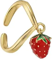 [NewZenro] Cute Red Strawberry Dangle V Shape Adjustable Open Ring for Women Charm 14k Gold Plated Colorful Enamel Food Fruit Lovely Sweet Statement Band Finger Ring Comfort Fit Trendy Fashion Jewelry, Copper