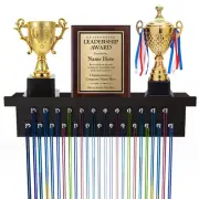 Medal Hanger Display, Non-Slip Trophy Shelf with 25 Hooks, Wall Mount Ribbon Med