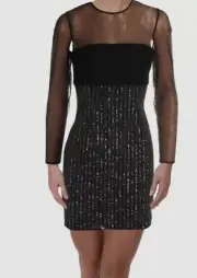 $275 Aidan Mattox Women's Black Mesh Sleeve Beaded Sheath Dress Size 4