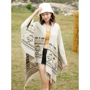 波西米亞民族風斗篷披肩女云南麗江旅游穿搭草原服裝保暖兩用圍巾