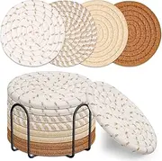 8 Pcs Drink Coasters with Holder, 4-Pack Absorbent Cotton Woven Coasters Set, 4 Colors, 4.3' Inch Non-Slip Table Protectors, Minimalist Home Decor for Cups, Mugs, & Glassware (Khaki)