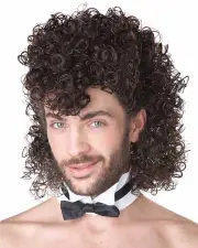 Brown Curly Mullet Wig with Collar and Tie