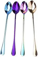 Long Handle Iced Tea Spoon, Stainless Steel Coffee Mixing Spoons - Long Cream Dessert Spoons Set of 4 (4 Tip)