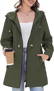 [Durio] Women's Thin Rain Jacket Waterproof Foldable Raincoat with Hood Lightweight Breathable Long Windbreaker Jacket Travel Rain Poncho for Women, Army Green, S