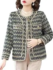 [Generic] Women Elegant Casual Wool Blend Korean Mom O-Neck Tweed Jackets Tops