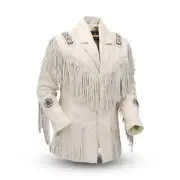 Mens Native American Western Cowboy Leather Jacket with Fringed & Beads Art Work