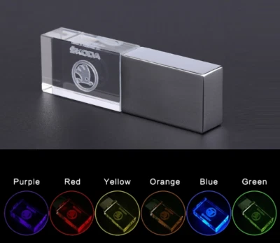 USB Flash Drive 2.0 Skoda Driver Fan Lover Gift Metal Stick Car Logo LED Light