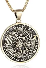 [UMtrade] Men Women St. Michael Necklace Stainless Steel Patron Round Shield Saint Biblical Protect Us Medal Pendant