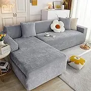 Aedlcal Chenille Sofa Cover, 2pcs Sectional Couch Covers L Shaped Sofa Cover Chaise Couch Slipcover Thick Chenille Fabric Furniture Protector Cover for Pets Kids (Chenille-Light Grey, 2+3 Seater)