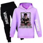 Wednesday Addams Tracksuit Set Kids Long Sleeve Casual Hoodies Hooded Sweatshirt Top Pants Outfits Activewear Birthday Gift -NMAOV Purple 9-10 Years