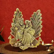 [Karauli Collection] Set of 2 Metal Radha Krishna Idol Statue with Diya for Pooja, Peacock Design Decor Your Home,Office,Religious Decorative Showpiece (Metal, Golden)