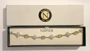 NIB Napier Silver Tone Yellow Cabochons Rhinestones Open Scroll Flower Bracelet