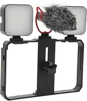 Phone Camera Cage, All in One Smartphone Video Cage Rig with Fill Light Windproof Cover Microphone, Multiple Cold Shoe Thread Interfaces for Peripherals, Phone Video Stabilizer