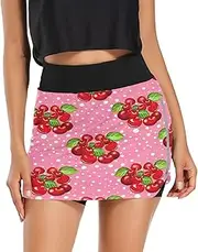 [RPLIFE] Clusters Red Cherries Green Leaves Pink Ladies Golf Skort, Light Weight Skorts Women，Golf Shorts Women Small
