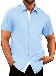 [VgueElegc] Men's Casual Button Flax Shirt Linen Vacation Shirt Clothes for Men Short Sleeve Beach Cotton Linen Shirts