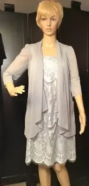 R&M Richards Women’s Petite Size 4P Silver Lace 2 pc Dress Ensemble $130 NWT