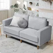 Furb 2 Seater Sofa - Grey Fabric Lounge Sofa, Linen Couch with Cushions, Sofa for Living Room (Brown Wood Legs)