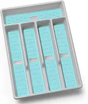 Joequality Silverware Organizer with Icons，Plastic Cutlery silverware Tray for Drawer，Utensil Flatware Tableware Organizer for Kitchen with Non-slip TPR,Fits Standard Drawer,5-Compartment,Grey+Mint
