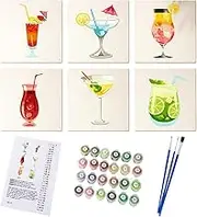 6 Pack Cocktail Paint by Numbers Kit, Vintage Easy Paint by Number on Canvas, 6 Pieces Easy Paint by Numbers Kit, Oil Painting Set with with Brush and Acrylic Paints for Adults and Beginners
