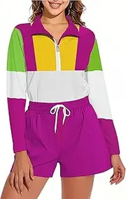 [Bealin] Women's Color Block 2 Piece 80s 90s Outfits Long Sleeve 1/2 Zip Up Windbreaker and Shorts Tracksuit Set