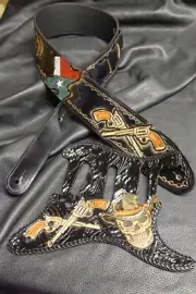 Leather guitar strap and pickguard custom tooled hand made "Outlaw TX" black