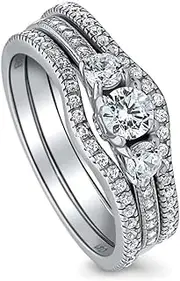 [BERRICLE] Sterling Silver 3-Stone Wedding Engagement Rings Round Cubic Zirconia CZ Ring Set for Women, Rhodium Plated Size 4-10