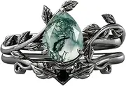 [DONGHU] 10K 14K 18K Solid Gold Natural Moss Agate Ring Set Inspired Leaf Moss Agate Engagement Ring Set Vintage Unique Moss Agate Bridal Wedding Ring Set Size 4-12.5