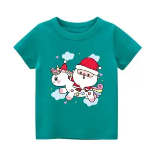 聖誕短袖上衣聖誕襯衫兒童中性聖誕老人小馬圖案