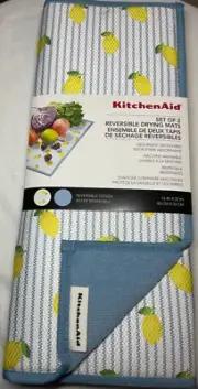 KITCHENAID REVERSIBLE DRYING MATS (2) WHITE YELLOW LEMONS BLUE 16 X 18 NIP