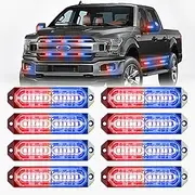 BooYu Red/Blue LED Surface Mount Emergency Strobe Flashing Lights for Firefighter/Police/Trucks/Vehicles/Car, Ultra Slim Sync Feature Hazard Warning Beacon Grille Light Bar (8 Pcs)